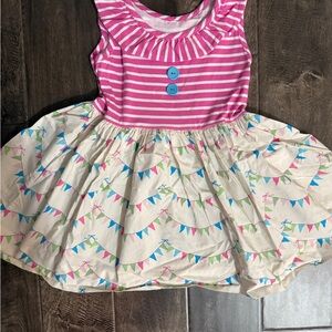 Eleanor Rose Pink and White Sleeveless Stripes and Bunting Print dress